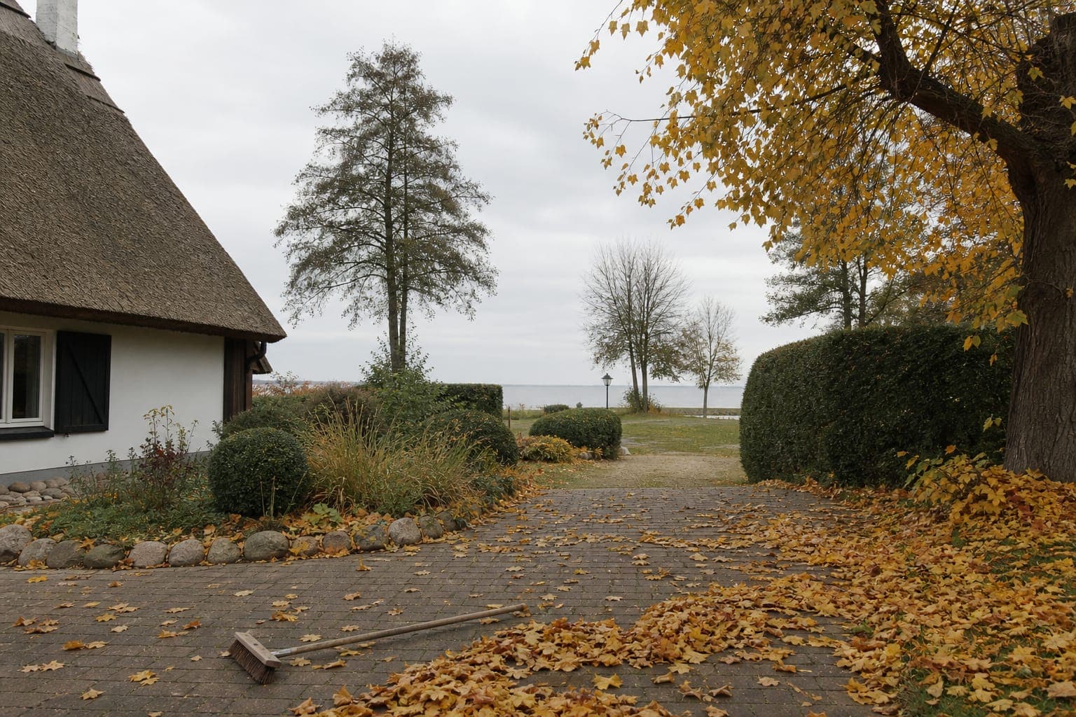 Herbstliche Außenanlage eines Ferienobjekts mit Laubbeseitigung an Wegen